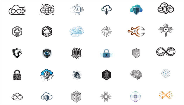 Set of technology and cybersecurity line icons logo vector