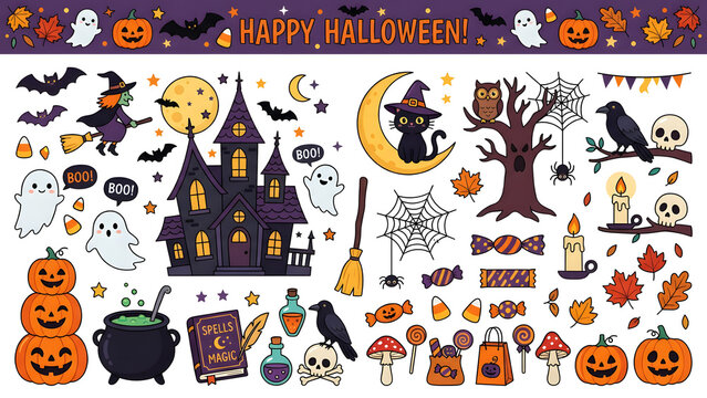 Set of cute Halloween clipart elements and horizontal Happy Halloween banner, featuring spooky haunted house, witch flying on broom, black cat sitting on crescent moon, friendly ghosts, pumpkins, caul