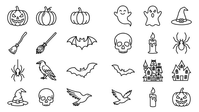 Collection of black line art Halloween icons isolated on a white background, including jack o lantern pumpkins, cute and spooky ghosts, witch hats, brooms, flying bats, skulls, burning candles, spider