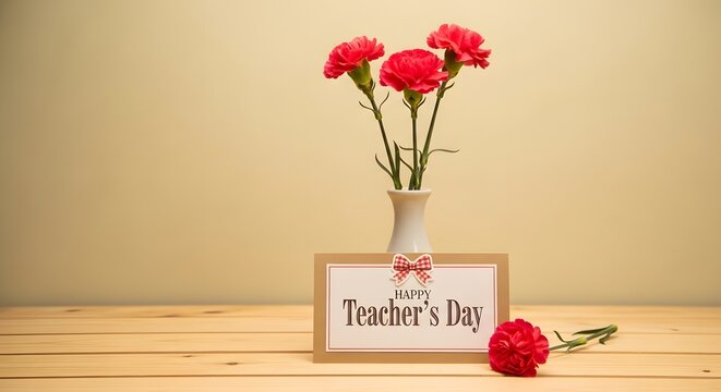Red carnations in a vase. Floral arrangement with a Happy Teacher's Day sign. School holiday.