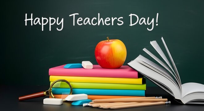 Happy Teachers Day text on chalkboard. School supplies with apple. Education concept background.