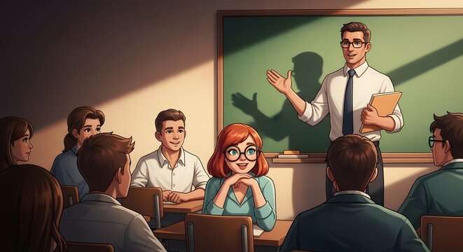 Teacher lecturing to students in a classroom. Instructor leading a seminar. Academic education.