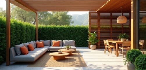 Obraz premium Modern wooden patio with lounge furniture, dining table set outdoors. Relaxing summer terrace area features grey sofa with orange pillows, green hedge garden view. Stylish architecture exterior space