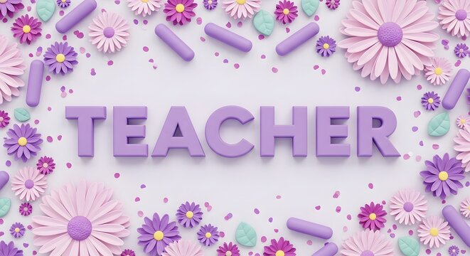 Teacher word sign with floral frame. Purple 3D letters on pastel background. Education concept.