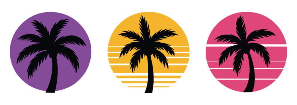 Retro Palm Tree Icons: Three stylized palm trees silhouetted against colorful circles with horizontal lines, evoking a retro and tropical vibe.