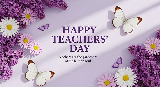Happy Teachers Day greeting card. Floral background with butterflies. Education appreciation art.