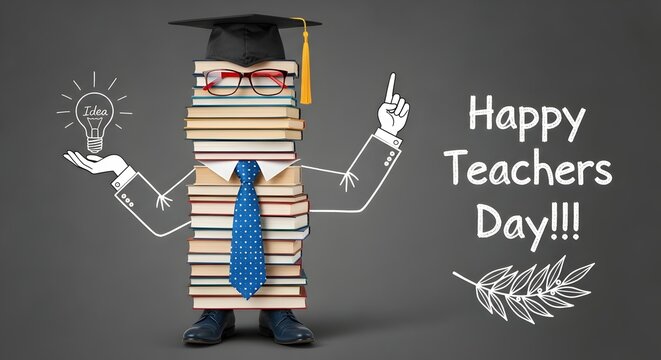 Stack of books with graduation cap. Creative teacher character concept. Education celebration art.