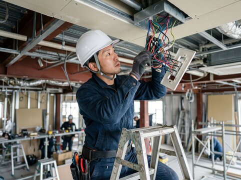 建設現場で天井の電気配線工事を行う日本人男性作業員が真剣に作業する様子