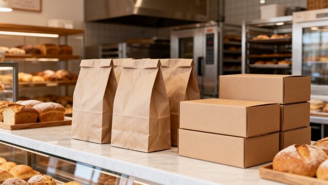 Local small business scene featuring paper bags unbranded boxes bakery inde