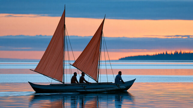 Traditional Micronesian outrigger canoe sailing at sunset, honoring indigenous seafaring heritage, cultural maritime tradition , with copy space