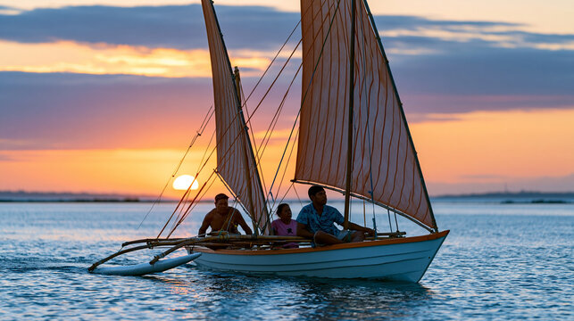 Traditional Micronesian outrigger canoe sailing at sunset, honoring indigenous seafaring heritage, cultural maritime tradition , with copy space
