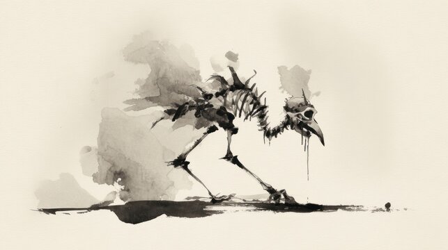 Artistic depiction of a bird skeleton with ink wash style and dramatic composition