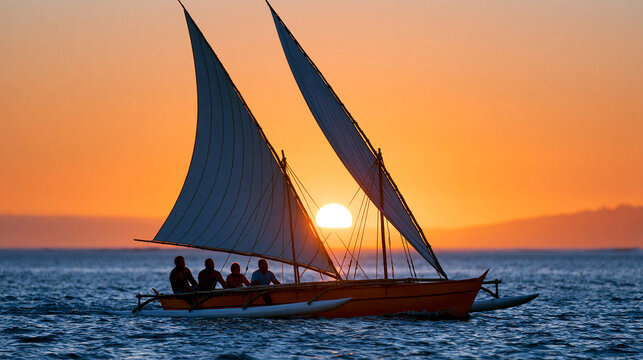 Traditional Micronesian outrigger canoe sailing at sunset, honoring indigenous seafaring heritage, cultural maritime tradition , with copy space