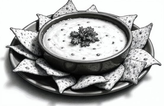 Hand drawn black, white sketch of queso dip in bowl served with crispy tortilla chips on round plate. Mexican style appetizer food illustration with cilantro garnish. Monochrome graphic art style