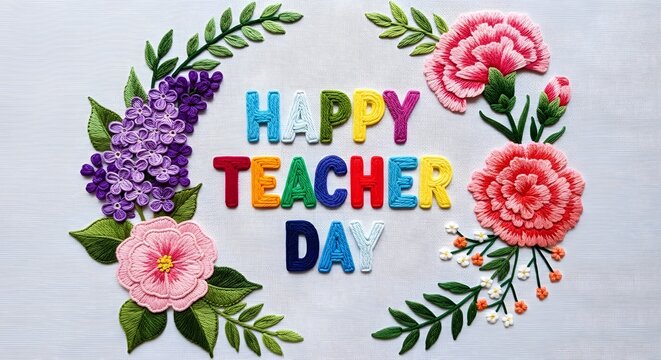 Happy Teacher Day greeting card. Floral embroidery design with colorful letters. Education theme.