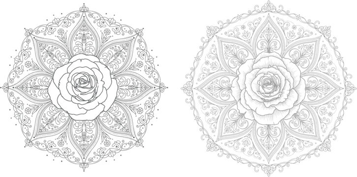 Rose Floral Mandala Coloring Pages Bundle for Adults - Intricate Flower Mandala Black and White Line Art