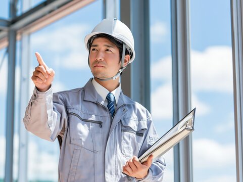 建設現場でヘルメットを被った作業員が指差し確認する真剣な姿