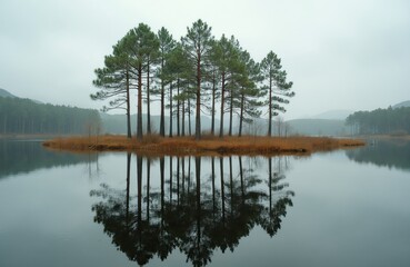 Obraz premium Small island with tall pine trees stands in middle of calm lake. Water surface reflects evergreen woods under cloudy sky. Wilderness landscape features marsh grass, misty atmosphere. Scenic nature