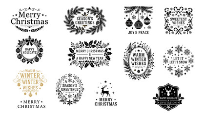 Christmas Greetings Featuring Festive Holiday Designs with Wreaths, Snowflakes, and Ornaments in Black and Gol © Sirajul