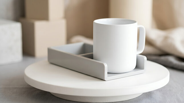 White Ceramic Coffee Mug Presented In A Minimalist Drinkware Organizer On A White Pedestal
