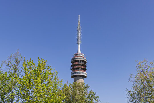Goes, Netherlands: Tall TV and telecommunications tower standing high above lush green tree foliage against a vibrant blue sky on a clear sunny day.
