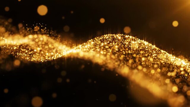 Abstract golden wave of sparkling particles and bokeh lights on a dark background