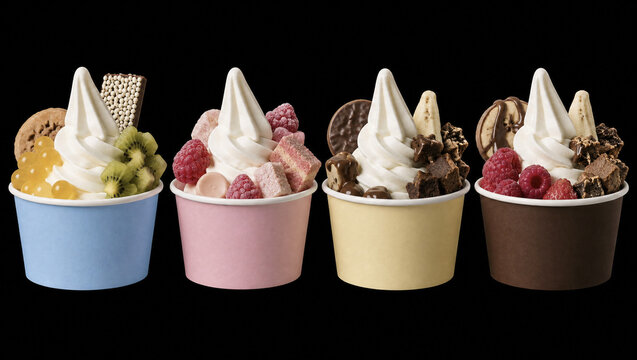 Cuatro vasos de helado suave con frutas, dulces y toppings