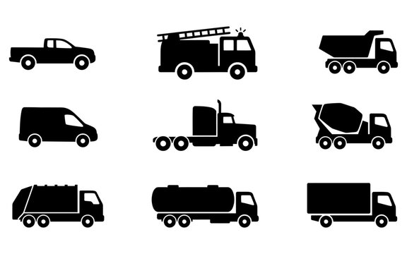 Truck and vehicle icon set. Silhouette collection of heavy transport and industrial machinery.