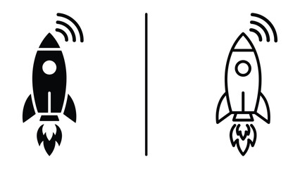 Black and white rocket ship icons with radiating signal waves on a transparent background for space exploration concepts © AL AMIN