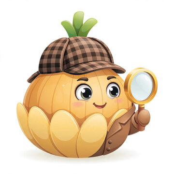 cute round yellow onion in checkered deerstalker and trench coat, holding a golden magnifying glass with big curious eyes and glossy highlights.