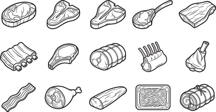 Raw meat cuts butcher shop steaks ribs and pork chops isometric outline line art vector illustration set isolated on white background.
