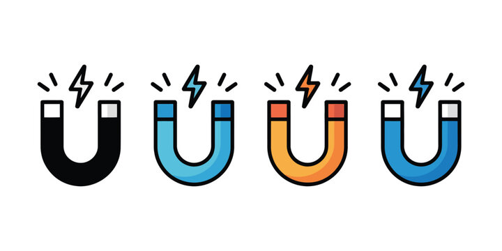 Magnet vector icons featuring magnetic attraction, lead generation, business growth, physics concepts, and multiple style designs for modern applications.