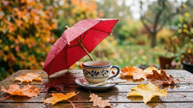 Red Umbrella Protecting Tea Cup From Rain Amidst Autumn Leaves On Wet Table fall
