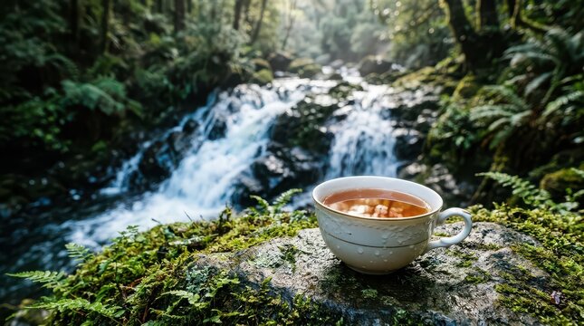 Cup Of Tea Resting On Mossy Rock Beside Waterfall In Lush Forest beverage drink