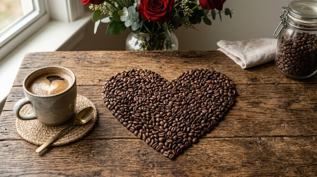 Heart Shape Made of Coffee Beans with Coffee Cup and Roses image stock