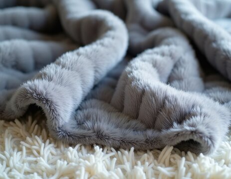 Soft grey faux fur blanket with chevron pattern lies on fluffy white rug. Cozy textile offers warmth, comfort, and plush luxury for home decor.