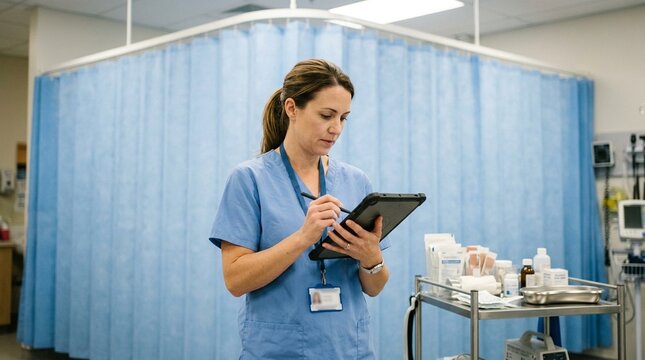 Fast-track nurse updating a minor injury chart on a tablet at a curtained bay - Healthcare & Nursing Documentation Stock Photo