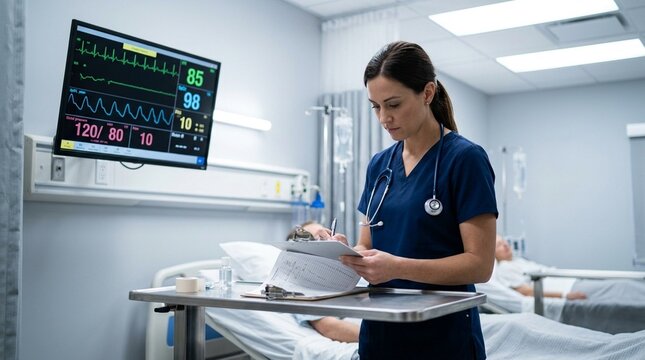 Vital signs being displayed on a large monitor while a nurse cross-references the bedside chart - Healthcare & Nursing Documentation Stock Photo