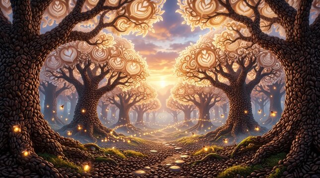 Magical Coffee Bean Forest with Latte Art Trees and Fairy Lights image stock