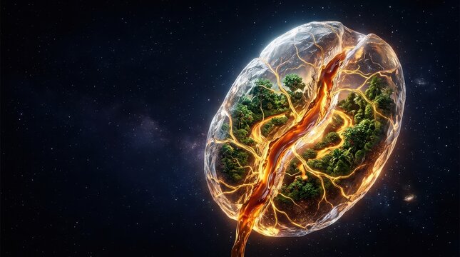 Giant Coffee Bean Planet with Lush Green Interior and Lava Flow image