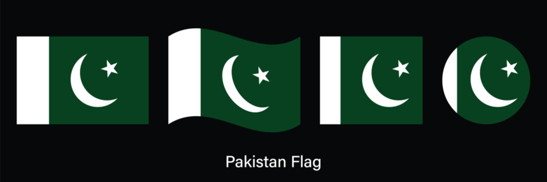 Pakistan Flag Set with Waving, Circle and Rectangle Shapes Vector Illustration