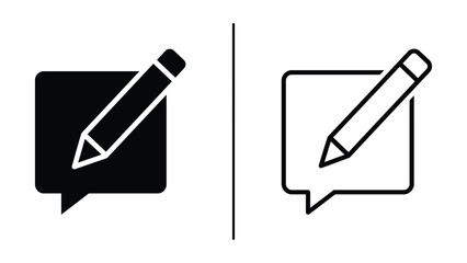 Black and white flat icons depicting a pencil inside a speech bubble for editing and communication concepts © AL AMIN