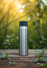 Obraz premium Stainless steel insulated water bottle with dark gray lid on a rustic wooden table outdoors with green foliage and sunlight