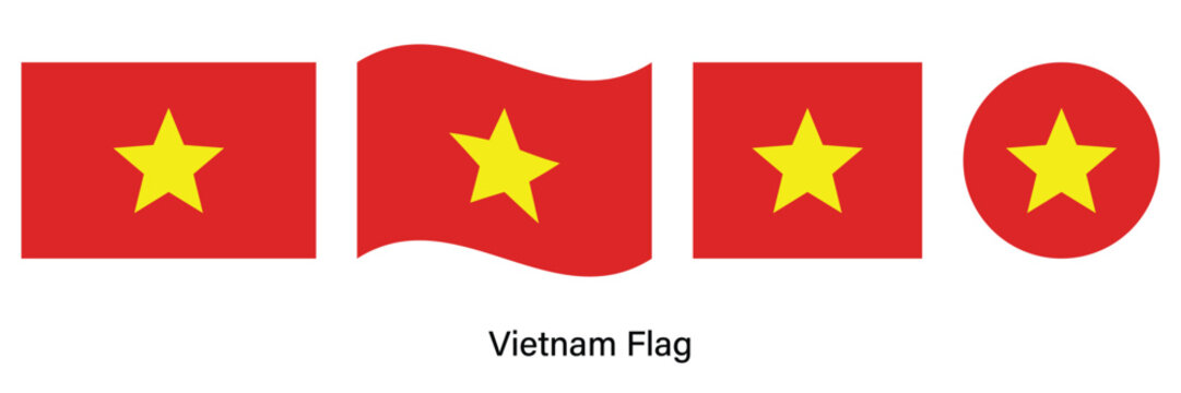 Vietnam Flag Set with Waving, Circle and Rectangle Shapes Vector Illustration