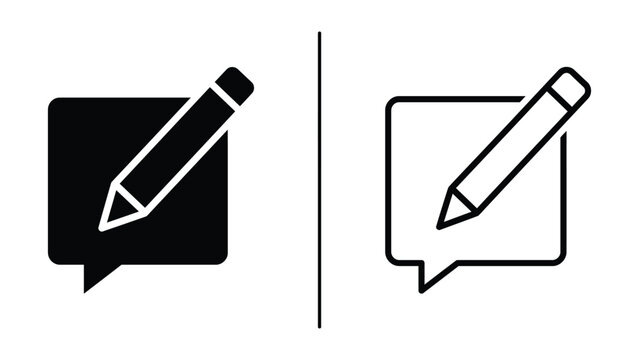 Black and white flat icons depicting a pencil inside a speech bubble for editing and communication concepts