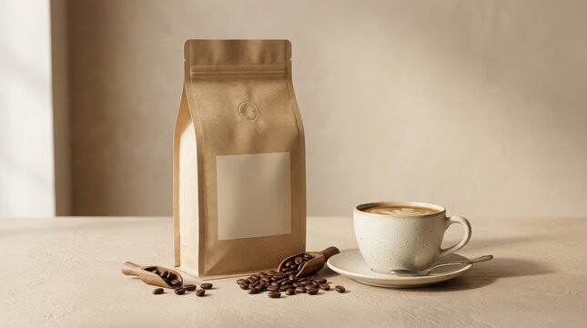 Coffee bag and cup with roasted coffee beans and wooden scoops on a table packaging
