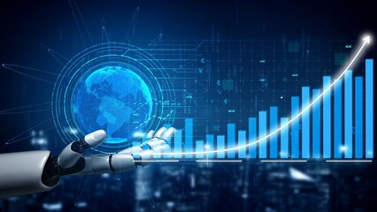 Fototapeta premium A futuristic robotic hand reaches for a data growth chart, showcasing the connection between technology and financial analysis with a digital planet in the background. Copula