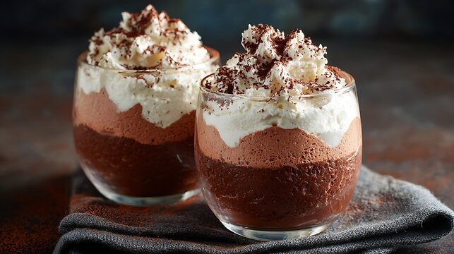 Two glasses of layered chocolate mousse topped with whipped cream and cocoa powder, sitting on a dark napkin.