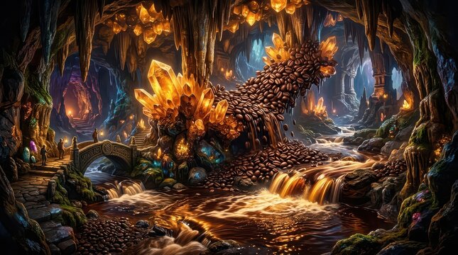 Magical cave with glowing crystals and a river of coffee beans flowing cavern gemstones