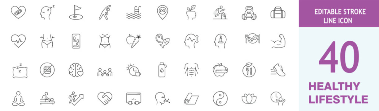 Set of 40 healthy lifestyle and fitness line icons vector illustration of wellness, diet, exercise, mental health, yoga, nutrition, and physical activity symbols for web and mobile apps